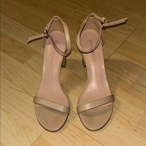 Stuart Weitzman Nappa Leather Nearly Nude Ankle Strap Sandal Block Heels